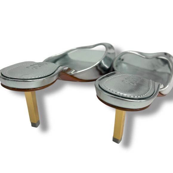 NEW Schutz Dethalia Silver Squared Toe Sandals Size 5 Mirror Metallic Heels - Picture 8 of 11